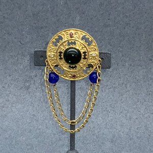 Retro 80s Pin Brooch Round Medallion Dangle Gold Chain Green Blue Red